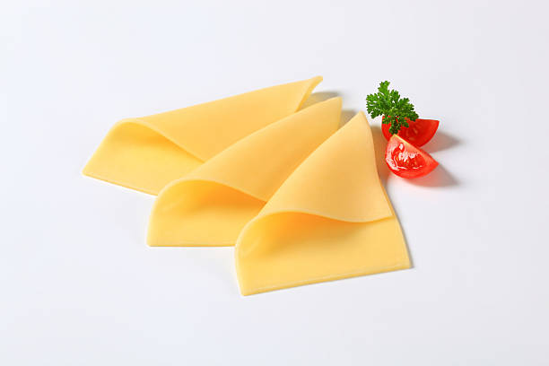 tres rodajas de queso - yellow cheese thin portion fotografías e imágenes de stock