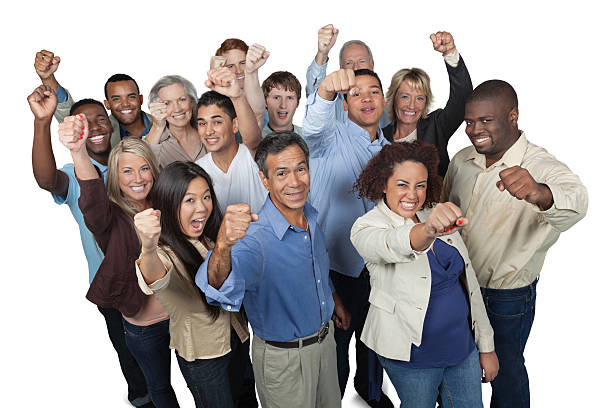 istock Diverse casual group of people with arms raised 171328519