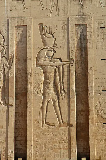 "The mythological and spiritual figure of the gof Horus, adorns the temple at Edfu."