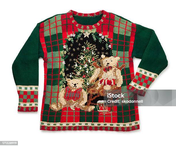 Awful Christmas Sweater Isolated On White Stock Photo - Download Image Now - Christmas Sweater, Ugliness, Ugly Sweater