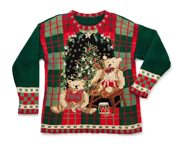 This is a really tacky Christmas sweater isolated on a white background.