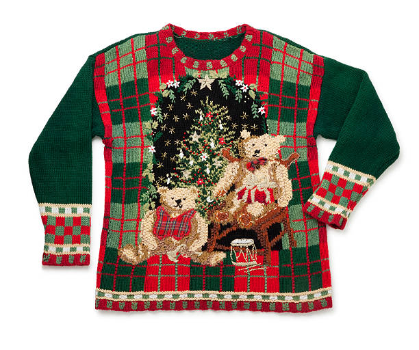 ужасное рождественский свитер изолированные на белом - ugliness sweater kitsch holiday стоковые фото и изображения