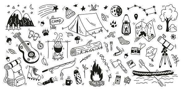 Set hand drawn doodle camping elements. Camping and hiking items. Outdoor recreation concept. Tent, campfire, boat, guitar, bagpack, stars, telescope, map. Flat vector illustration on white background