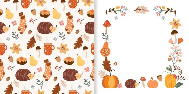 Vector illustration of Autumn set including decorative seamless pattern, cute wallpaper, background with different seasonal cozy elements, and greeting card with autumnal frame design, hedgehog, pumpkins