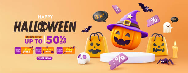 ilustraciones, imágenes clip art, dibujos animados e iconos de stock de plantilla de póster de promoción de venta de halloween con calabazas de halloween, fantasma lindo, cupón, bolsa de compras. plantilla de sitio web espeluznante o banner. ilustración vectorial eps 10 - halloween witch frame wizard