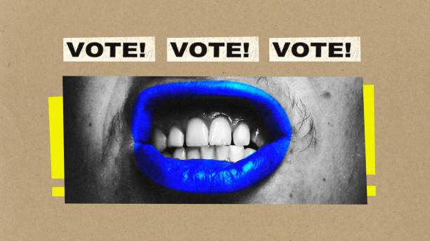 istock Poster. Contemporary at collage. Cropped human face, lips with blue lipstick and teeth shouting inscription vote against craft brown background. 1713294582