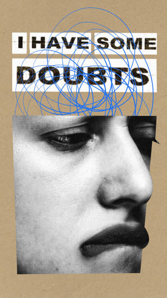istock Poster. Contemporary at collage. Cropped human face, who doubts bite lips, with confusing thoughts with inscription i have some doubts. 1713294609