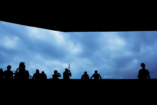 Backlight of a cloudy day with a silhouettes of a group of unrecognizable people.
