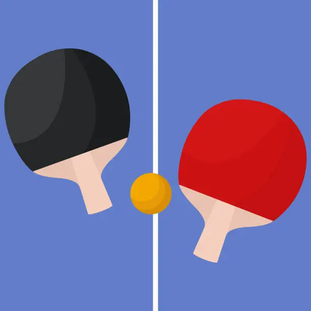 Vector illustration of Two ping pong paddles and yellow ball on a table.