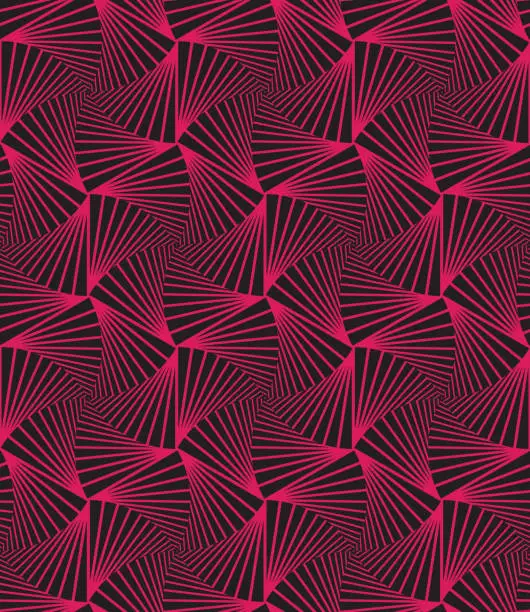 Vector illustration of Seamless abstract wavy pattern with geometric lattice elements of red lines on a black background. 3d origami style. Linear art triangles. Decorative vector illustration.