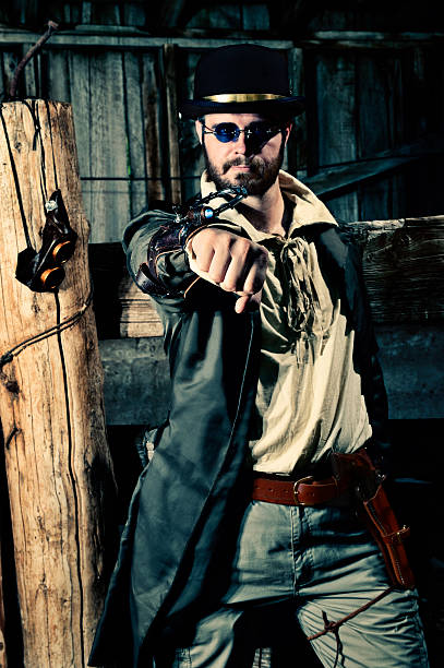 istock Futuristic Steampunk Warrior With Arm Weapon And Pistol 171332369