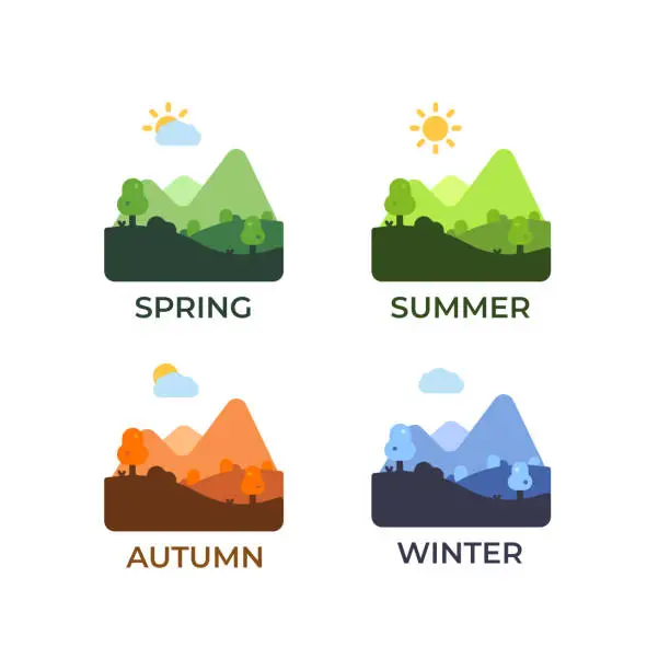 Vector illustration of Spring, summer, fall, and winter icons in a flat minimalistic style