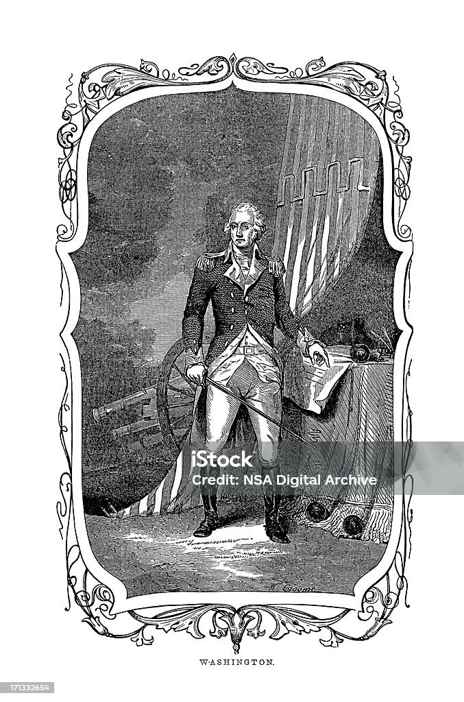 Portrait of George Washington, First US President |Historic American Illustrations "Full-length portrait of George Washington, the first president of the United States of America, serving from 1789 to 1797, who played an important role in the founding of the country. Born on 22 February, 1732 in Westmoreland, Virginia Colony, USA in a family that owned tobacco plantations. Washington died on 14 December, 1799 in Mount Vernon, Virginia, USA. Engraving published in The Pictorial Life of General Washington by J. Frost, LL.D. (Charles J. Gillis, Philadelphia) in 1847.SEE MORE AMERICAN HISTORIC ILLUSTRATIONS HERE:" President stock illustration