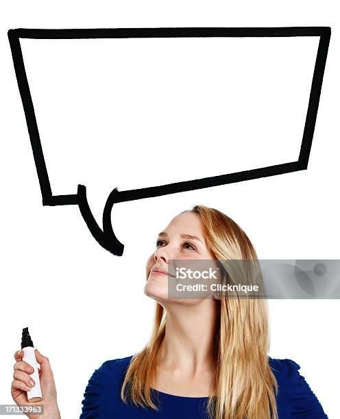 Confident Smiling Blonde Teenager Looks Up At Handdrawn Speech Bubble Stock Photo - Download Image Now