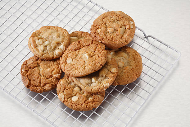 White Chocolate Chip Macadamia Nut Cookies on stainless