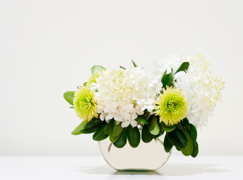 Hydrangea and chrysanthemum blossoms in a glass bowl forming a still life image
