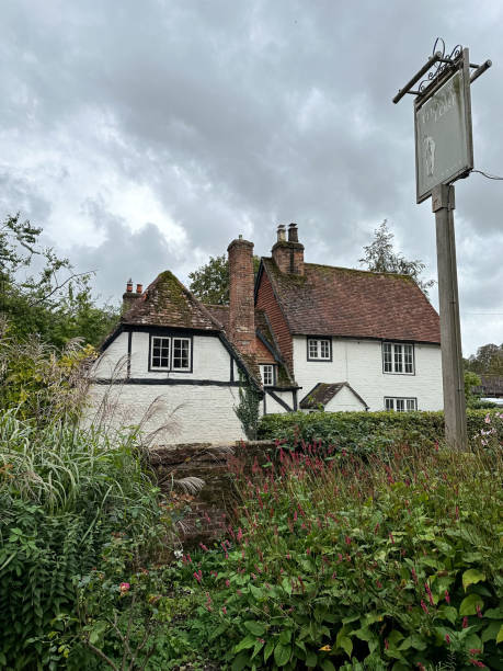 Old houses along the street in West Meon,  Hampshire, England, UK West Meon, UK - 29. 09.2023. West Meon village street view in Hampshire, England, UK. Old houses along the street in West Meon village street view in Hampshire, England, UK petersfield stock pictures, royalty-free photos & images