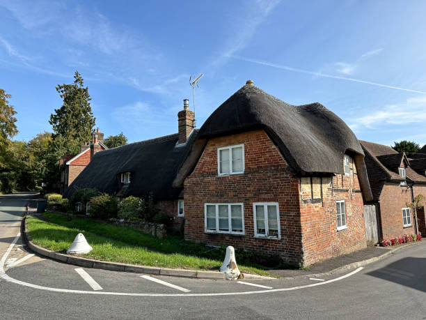 Thatched medieval cottage in West Meon village street in Hampshire, England, UK. Sunny autumn West Meon village street view in Hampshire, England, UK petersfield stock pictures, royalty-free photos & images