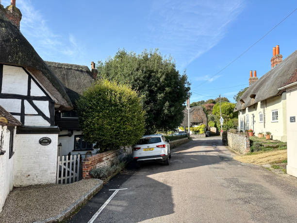 Thatched medieval cottage in West Meon village street in Hampshire, England, UK. Sunny autumn West Meon village street view in Hampshire, England, UK petersfield stock pictures, royalty-free photos & images