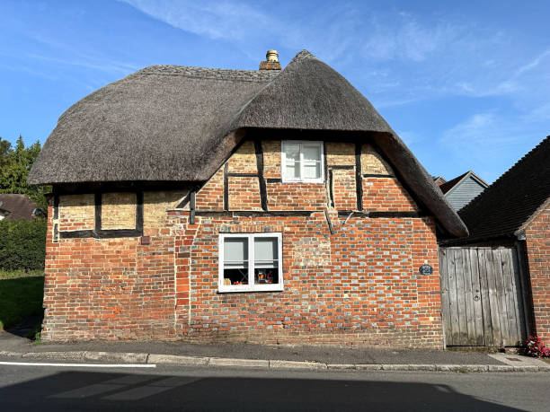 Thatched medieval cottage in West Meon village street in Hampshire, England, UK. Sunny autumn West Meon village street view in Hampshire, England, UK petersfield stock pictures, royalty-free photos & images