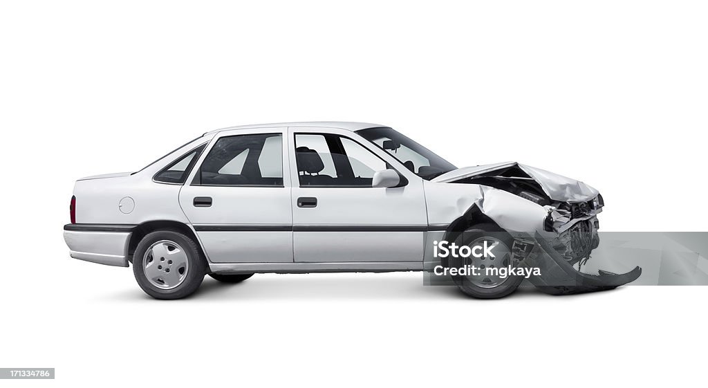 Car Accident White and damaged sedan car isolated on white background. Car Stock Photo