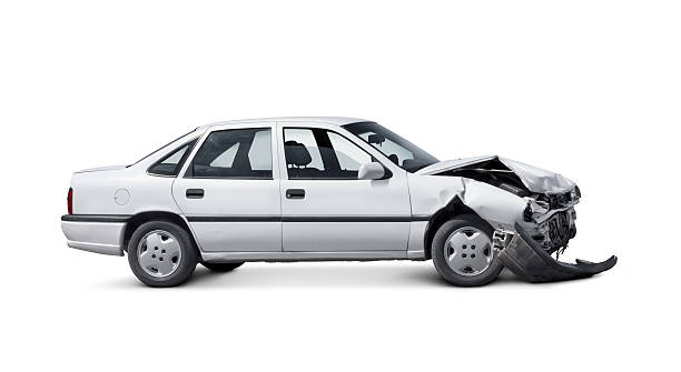 Car Accident White and damaged sedan car isolated on white background. misfortune photos stock pictures, royalty-free photos & images