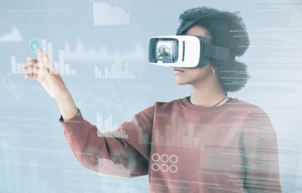 istock Virtual reality, hologram statistics and woman in studio with user interface, metaverse and data analytics. Technology, futuristic media and person with VR glasses for research, networking and graphs 1713348186
