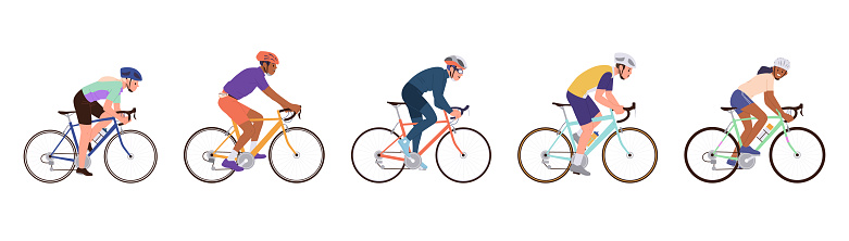 Cycle race tour and sports championship event vector illustration. Male female bicyclists diverse people athlete cartoon character riding speed bikes participating in competition isolated set on white