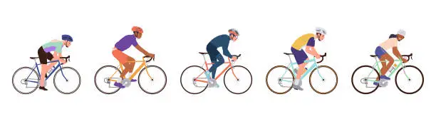Vector illustration of Cycle race tour and sports championship with bicyclists athletes riding speed bikes isolated set