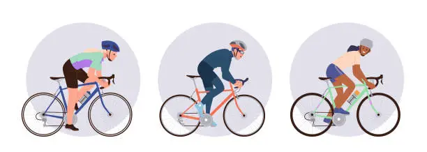 Vector illustration of Isolated set of round icon composition set with happy excited sports rider cycling extreme race