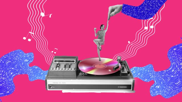 Jazz festival. Young beautiful woman in retro costume and hairstyle dancing on vintage vinyl player. Stop motion. Animation.