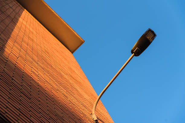 A deep red brick wall supports a lamppost, contrasting and bright colors.