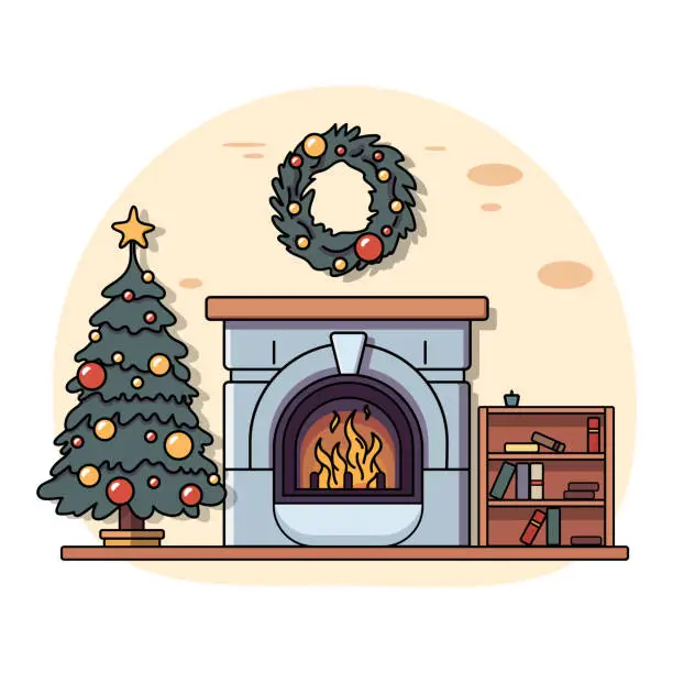 Vector illustration of Cozy Christmas interior. Christmas tree and a fireplace stand by the brick wall in the corner. New Years decorations such as garlands, candles, Christmas toys.