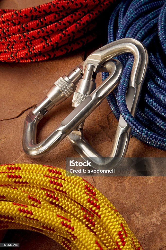Carabiner Clips And Climbing Rope On Red Rock Stock Photo - Download Image  Now - Adventure, Attached, Blue - iStock