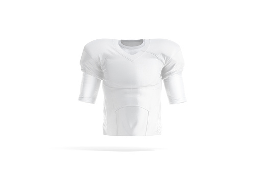 Blank white american football jersey mockup, front view, 3d rendering. Empty armour t-shirt for quarterback sport protection mock up, isolated. Clear player uniform for league template.