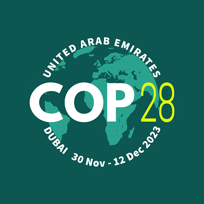 COP 28 UAE. Annual United Nations climate change conference. Dubai, United Arab Emirates. International climate summit banner. Emission reduction. Global Warming. Vector illustration