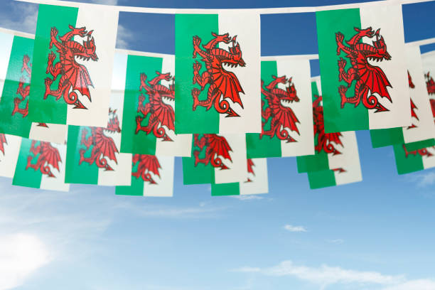 Welsh flag celebratory bunting "Welsh flag celebratory bunting. Shallow depth of field, focus on the foreground." welsh flag stock pictures, royalty-free photos & images