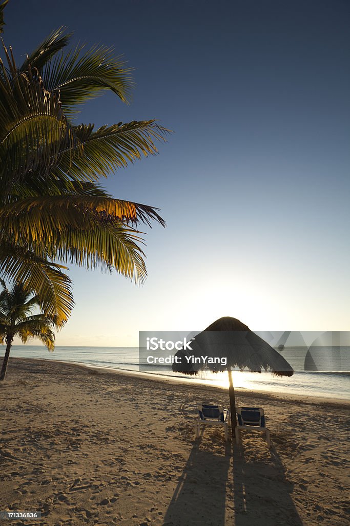 Morning on the beach of Caribean Sea in Riviera Maya Subject: Tranquil beach palapa along the Caribbean Sea at sunrise. Beach Stock Photo