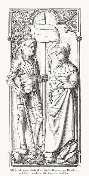 Tomb of Count Hermann VIII of Henneberg (1470 - 1535) and wife Elizabeth of Brandenburg, sculpted (1510) by Peter Vischer the Younger (German sculptor, 1455 - 1529) located in the collegiate church Römhild, near Hildburghausen, Thuringia, Germany. Wood engraving, published in 1878.