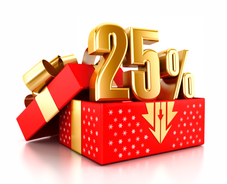 Gold 25% text inside an open gift box decorated with snowflakes. Christmas sale concept.