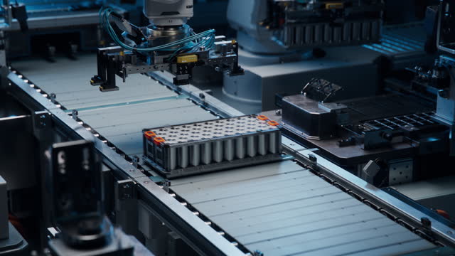Electric Car Battery Pack Production Process. On Lithium-ion Battery Cell Manufacturing Line Robot Arms Transporting Automotive Battery Module onto Conveyor Belt. Advanced Automated Smart Factory