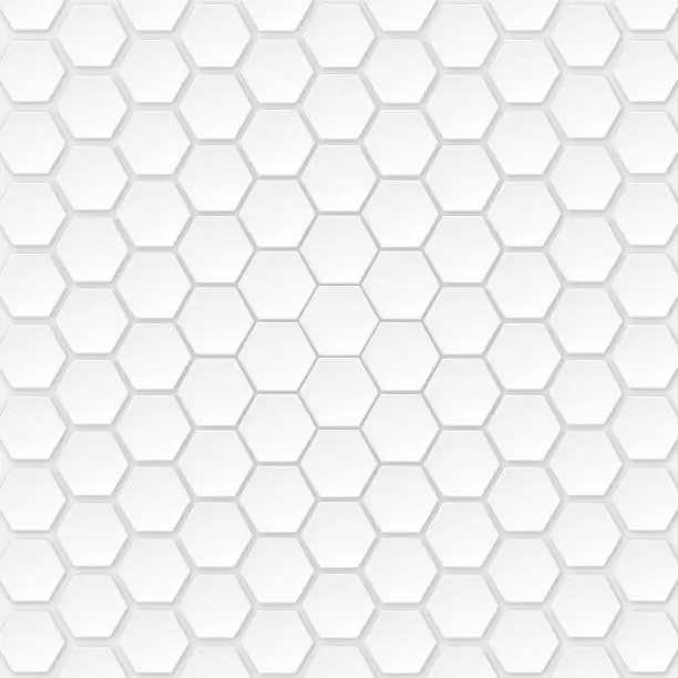 Vector illustration of A 3D hexagonal honeycomb pattern exhibiting a radial fade effect through varying sizes, creating a visually stimulating geometric design.