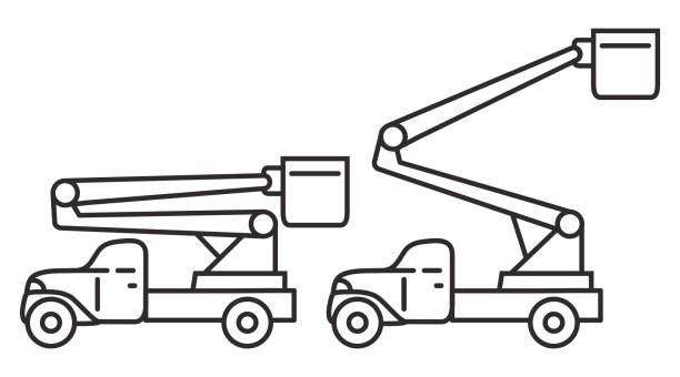 ikona linii wózka kubełkowego. widok z boku wysięgnika łyżki. platforma antenowa. wózek dźwigowy z koszem. - construction platform elevator picking up hydraulic platform stock illustrations