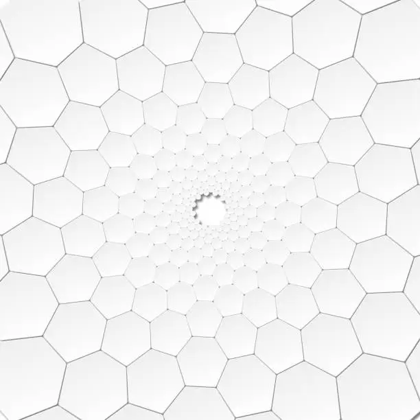 Vector illustration of A 3D honeycomb pattern of hexagons with size variation dependent on radius, creating a visually intriguing geometric design.