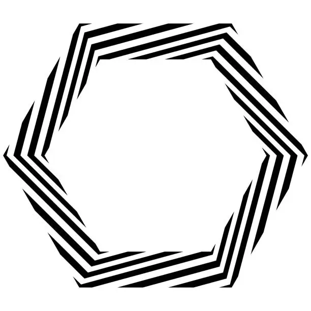 Vector illustration of A striped ring morphing into a hexagon on a white background, creating an eye-catching design with ample copy space.