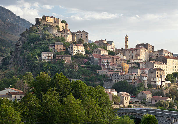 Upper Town Of Corte At Dawn, Corsica France stock photo