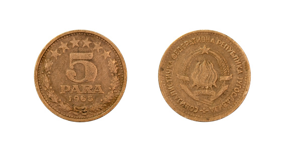 front and reverse composition of a 5-Para-Coin, Yugoslavia, 1965, isolated on white