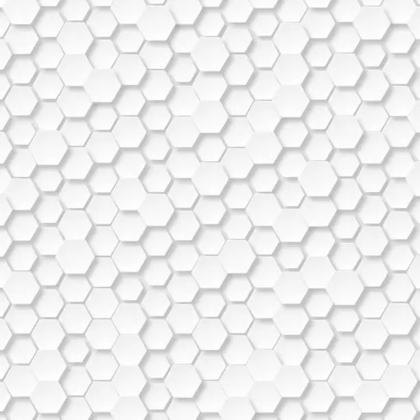 Vector illustration of A grid pattern of 3D hexagon shapes of varying sizes, accompanied by soft shadows, forming a visually alluring geometric landscape.