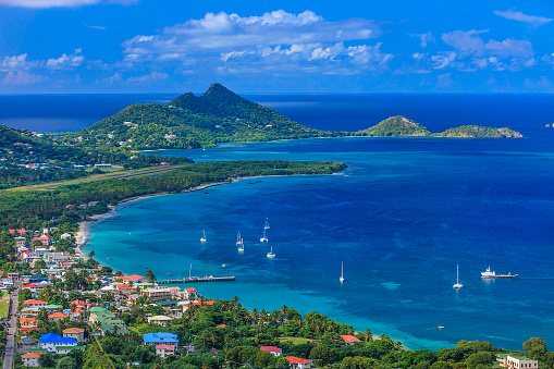 From the hill of Belair, the site of the Carriacou hospital, you can have a breathtaking view of the town of Hillsborough and its beautiful bay. Some old rusty cannons are pointed on the bay. Carriacou, Grenada W.I. 