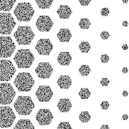 Embark on a visual exploration with this design where hexagons, filled with small non-overlapping dots, are meticulously arranged in a horizontal size gradient. As your eye traverses from one side to the other, the hexagons and their contained dots subtly change in size, creating a rhythmic flow across the design. The meticulous placement of dots within each hexagon forms a unique texture, adding a layer of visual intrigue. This composition is a playful blend of geometric form and dotted texture, making it a captivating choice for digital wallpapers, print designs, or any creative project seeking a modern and geometric aesthetic with a whimsical touch.